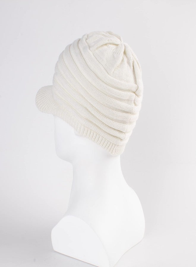 LANGZHEN Unisex Winter Hats with Visor Warm Ski Hat Stylish Knitted Hat for Men and Women(Off-White -Striped) - Image 3